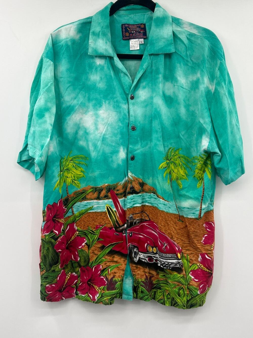 Hawaiian BASIX Button Down Shirt L Tropical Beach Car Print Camp Aloha Luau